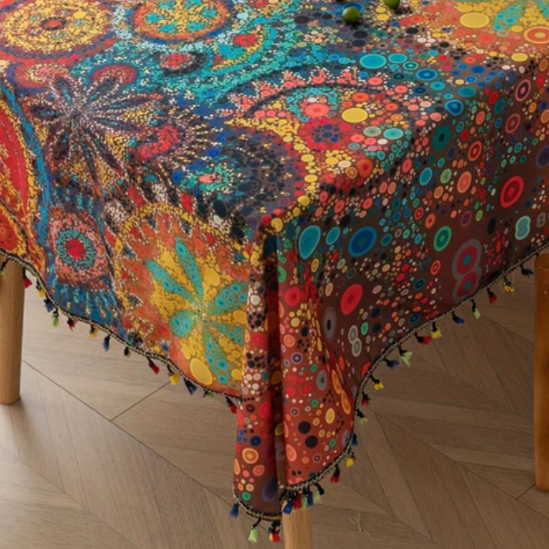 Hypno Bloom Quasten-Tischdecke | Böhmische Mandala-Tischdecke mit geometrischen Mustern