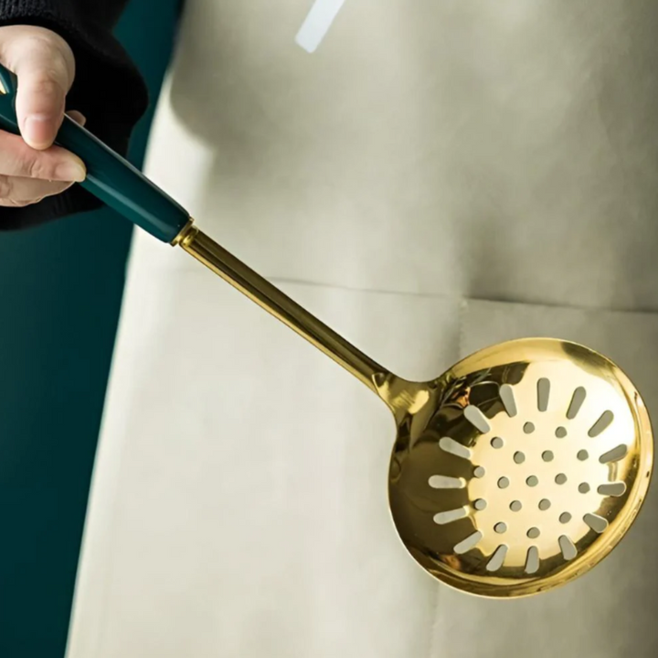 Golden Edelstahl Küchenutensilien-Set | Premium Kochbesteck mit Aufbewahrungsständer