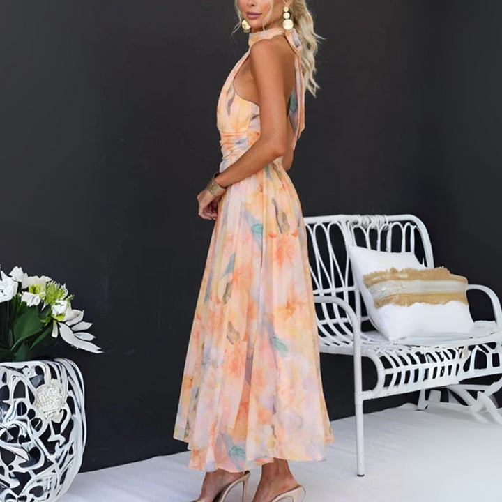 Sommer Kleid Damen - Elegantes Maxikleid mit Halterneck und Aquarelldruck