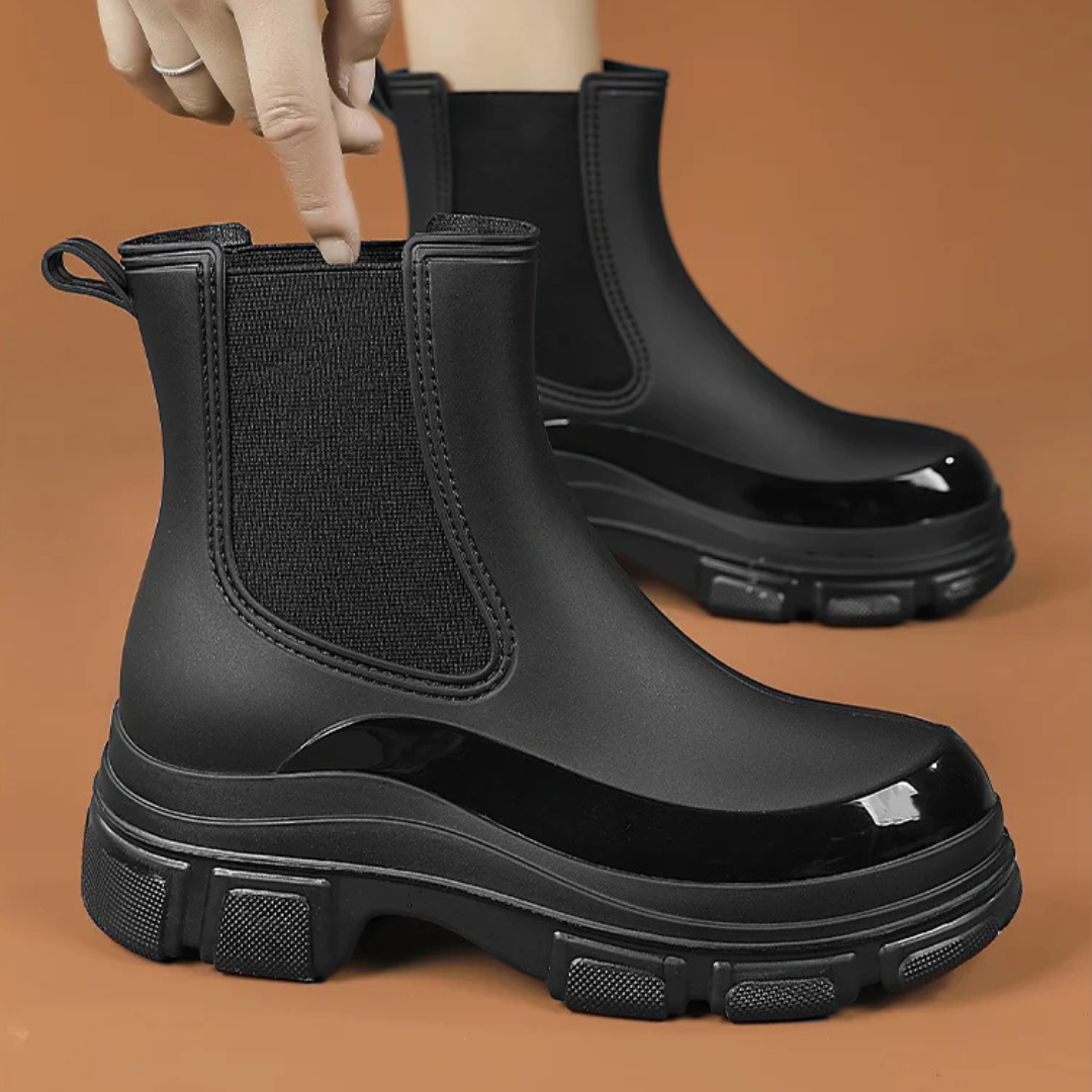 Regenstiefel für den Herbst - Wasserdichte Chelsea Gummistiefel mit Chunky Platform-Sohle für Damen