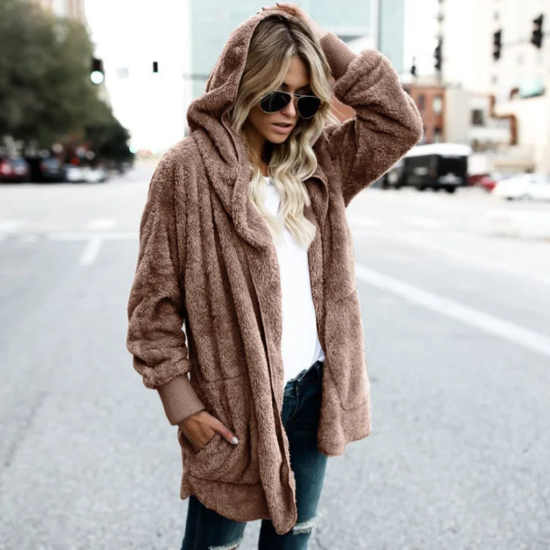 Fleecejacke für den kalte Tage - Lange Teddyjacke mit Kapuze für Damen