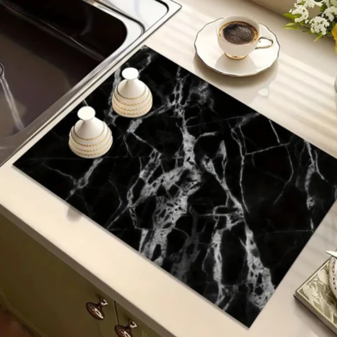 Premium Marmordruck Geschirrtrockenmatte | Spritzwasserfeste Küchenmatte mit Antirutschbasis