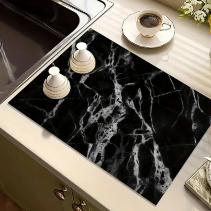 Premium Marmordruck Geschirrtrockenmatte | Spritzwasserfeste Küchenmatte mit Antirutschbasis