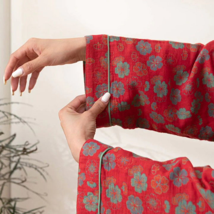 Plum Blossom Baumwoll-Bademantel mit Gürtel