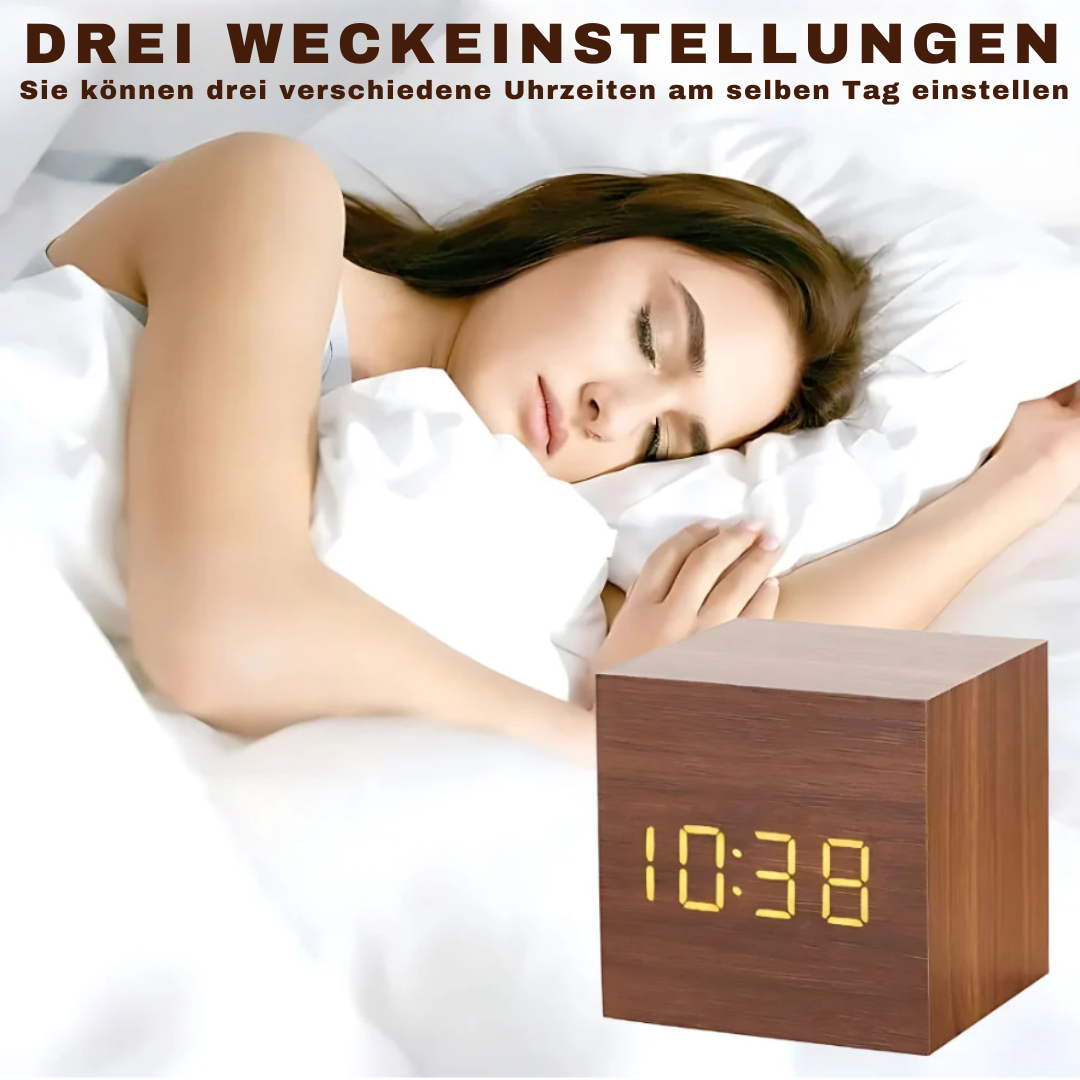 Cube LED-Wecker | Moderner Holzmaserung-Designwecker mit Temperaturanzeige