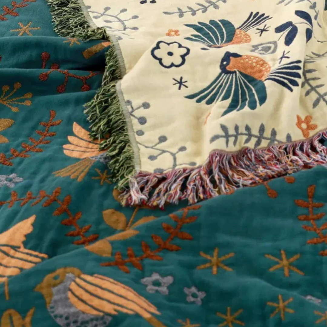 Nordische Vogel Wohndecke | Wendbare Baumwoll-Decke im skandinavischen Stil