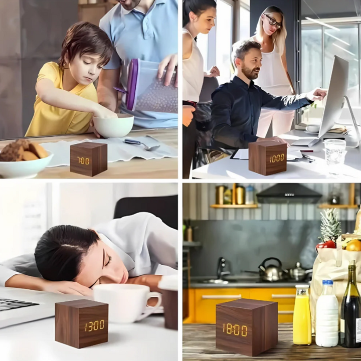 Cube LED-Wecker | Moderner Holzmaserung-Designwecker mit Temperaturanzeige