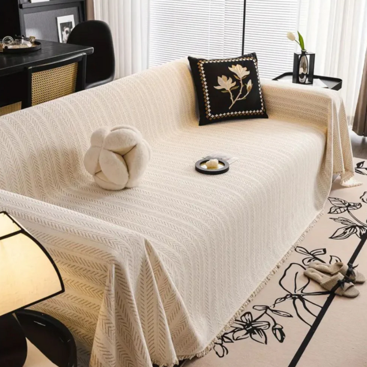 Herringbone Sofaüberwurf | Elegante Chenille Sofahusse mit Fransen