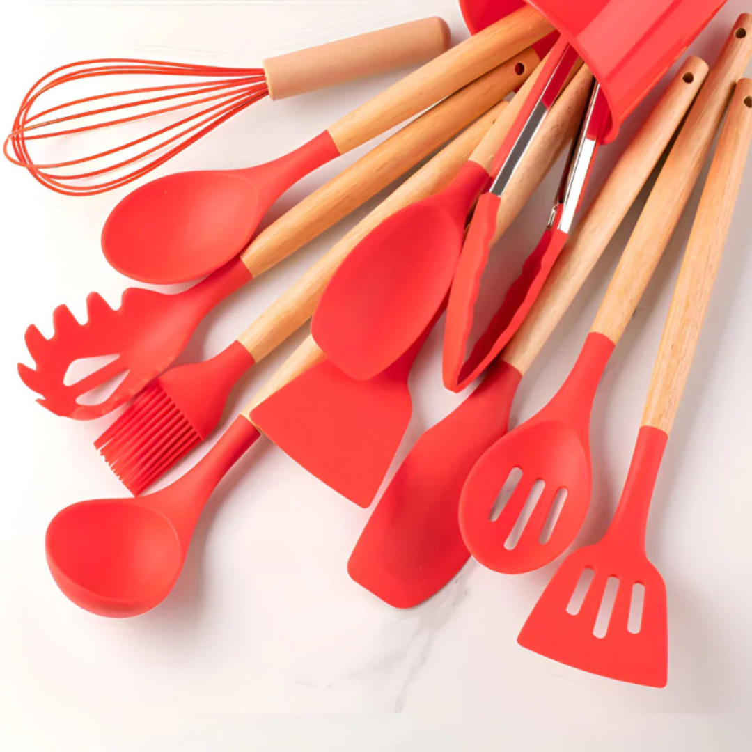 Silikon Küchenutensilien Set | Hitzebeständiges 12-teiliges Kochgeschirr mit Bambusgriffen