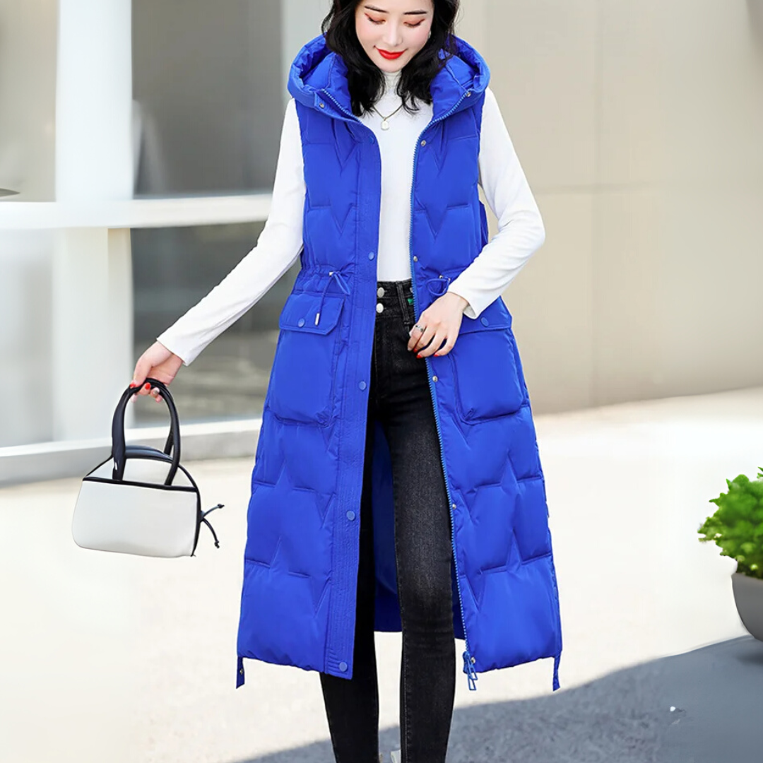 Lange Steppweste für kalte Tage - Stilvolle Daunenweste mit Kapuze für Damen