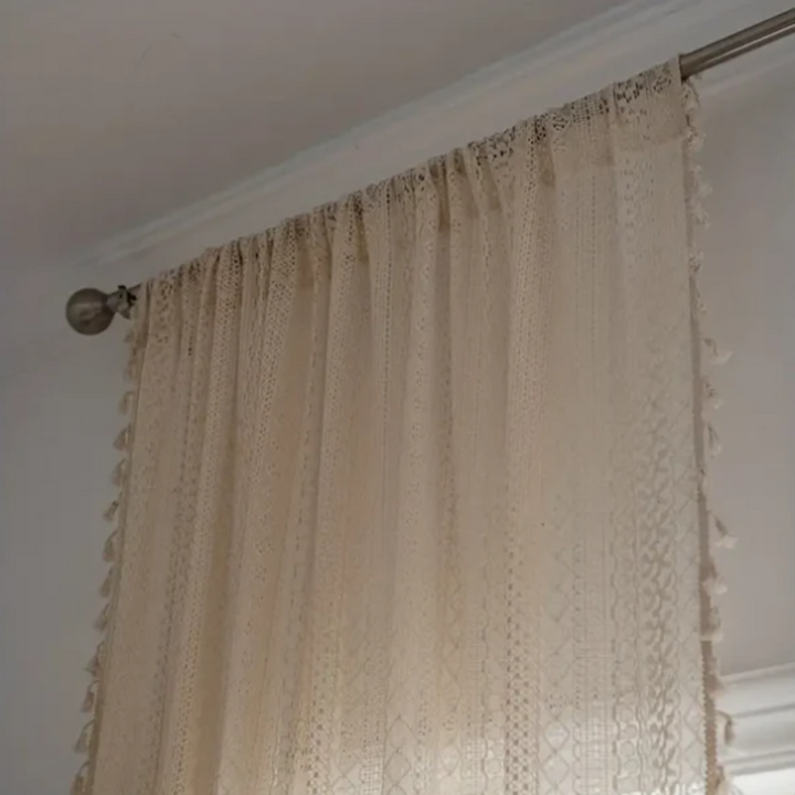 Böhmischer Häkelvorhang | Vintage-Fenstervorhang mit Quasten und geometrischem Muster