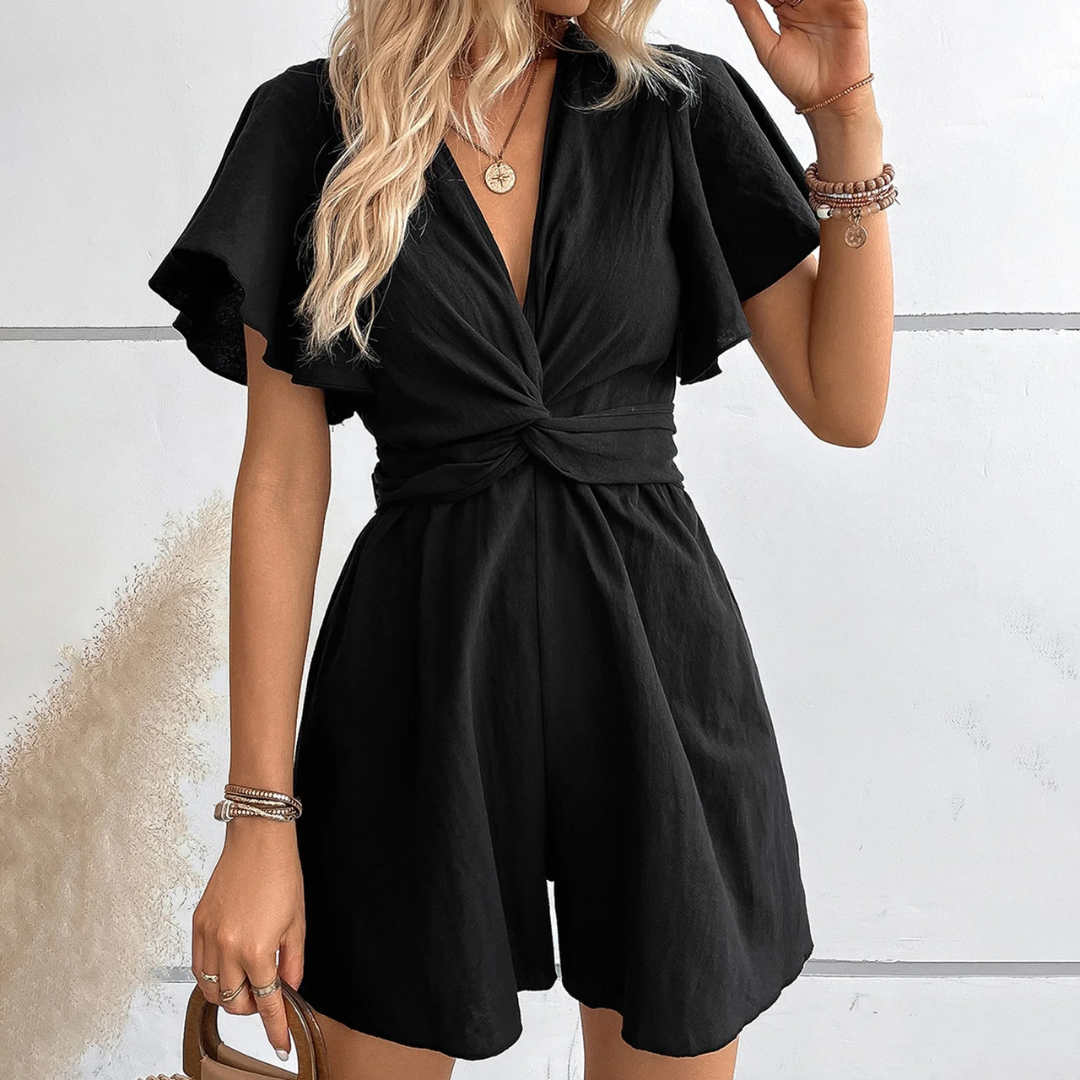 Damen Jumpsuit Kurz - Sommer Overall Wickeloptik Flatterärmel