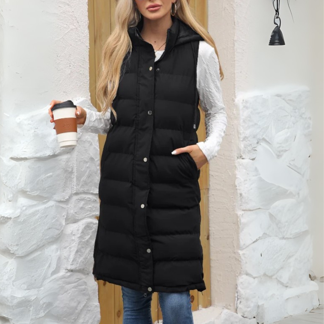 Lange Steppweste für kalte Tage - Warme Daunenweste mit Kapuze für Damen