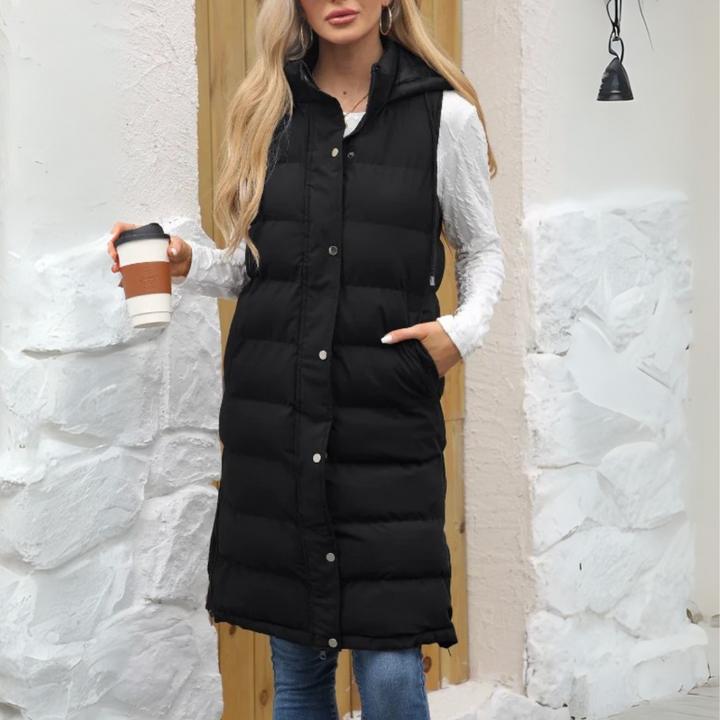 Lange Steppweste für kalte Tage - Warme Daunenweste mit Kapuze für Damen