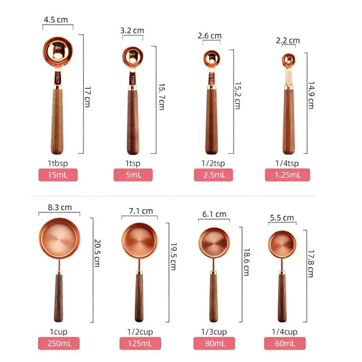 Kupfer-Messbecher-Set | Hochwertiges Edelstahl-Küchenbesteck mit Walnussholz-Griffen