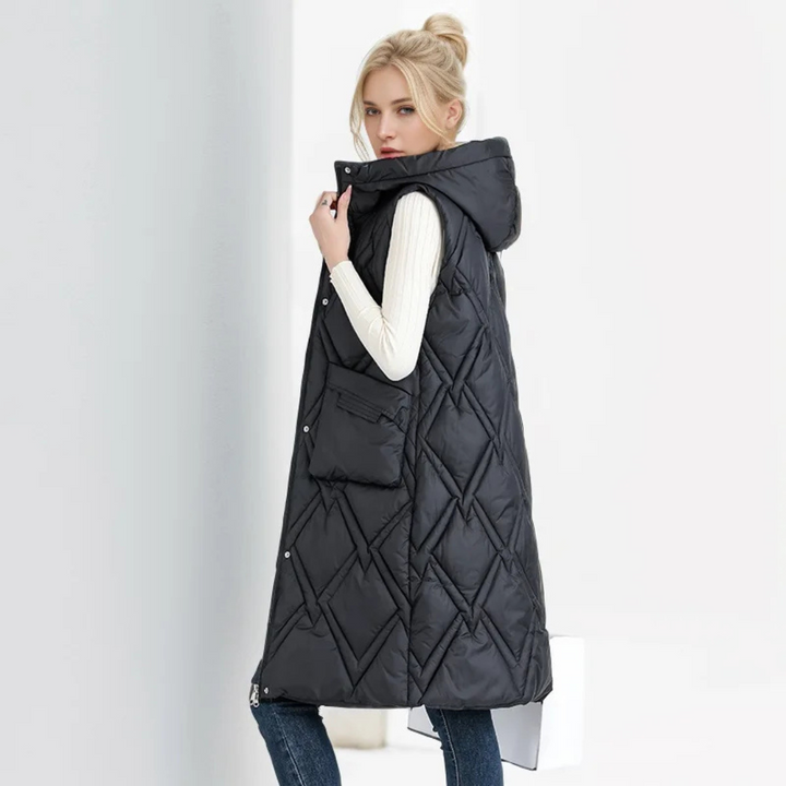 Lange Steppweste für kalte Tage - Puffer Daunenweste mit Kapuze für Damen