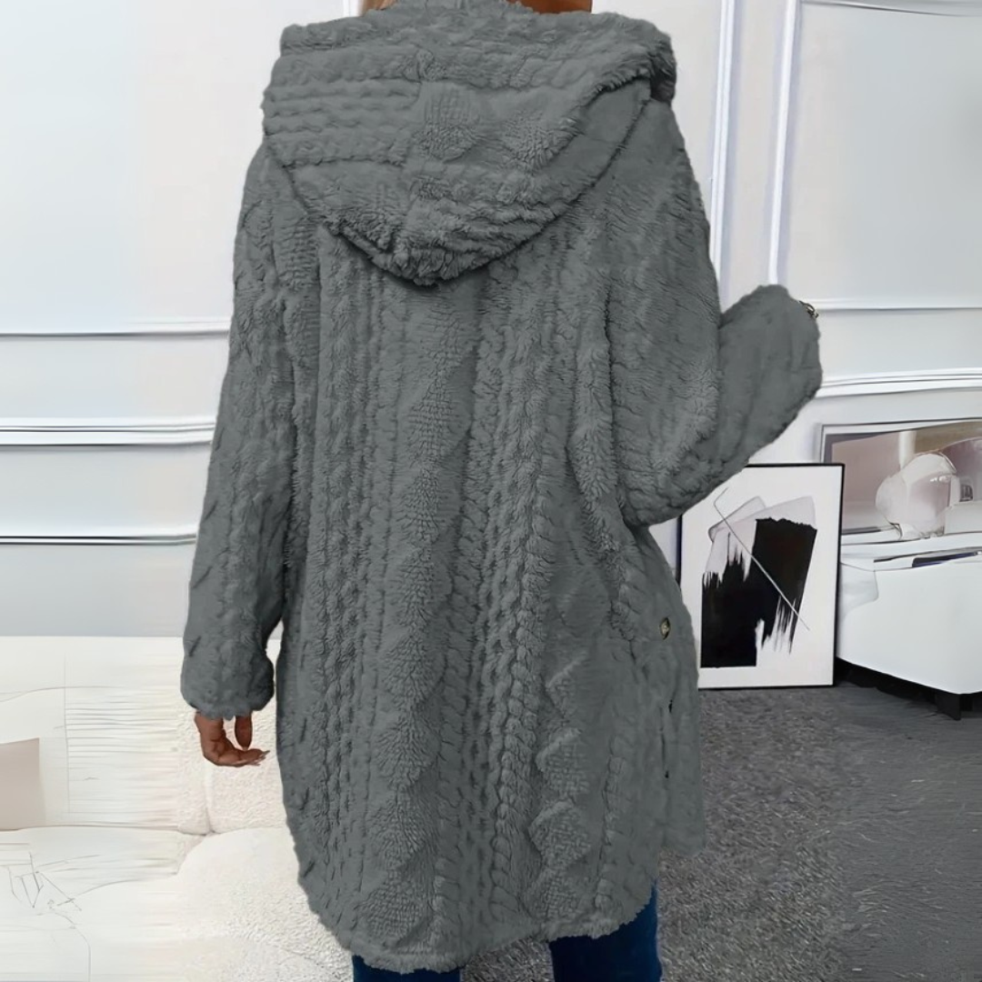 Teddyjacke für den kalte Tage - Stilvolle Lange Fleecejacke mit Kapuze für Damen