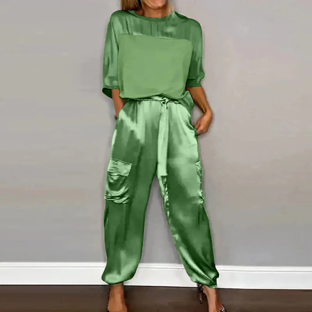 Marianne Satinanzug | Eleganter Damen Zweiteiler Oberteil mit Halbarm Glänzende Hose Lounge Wear
