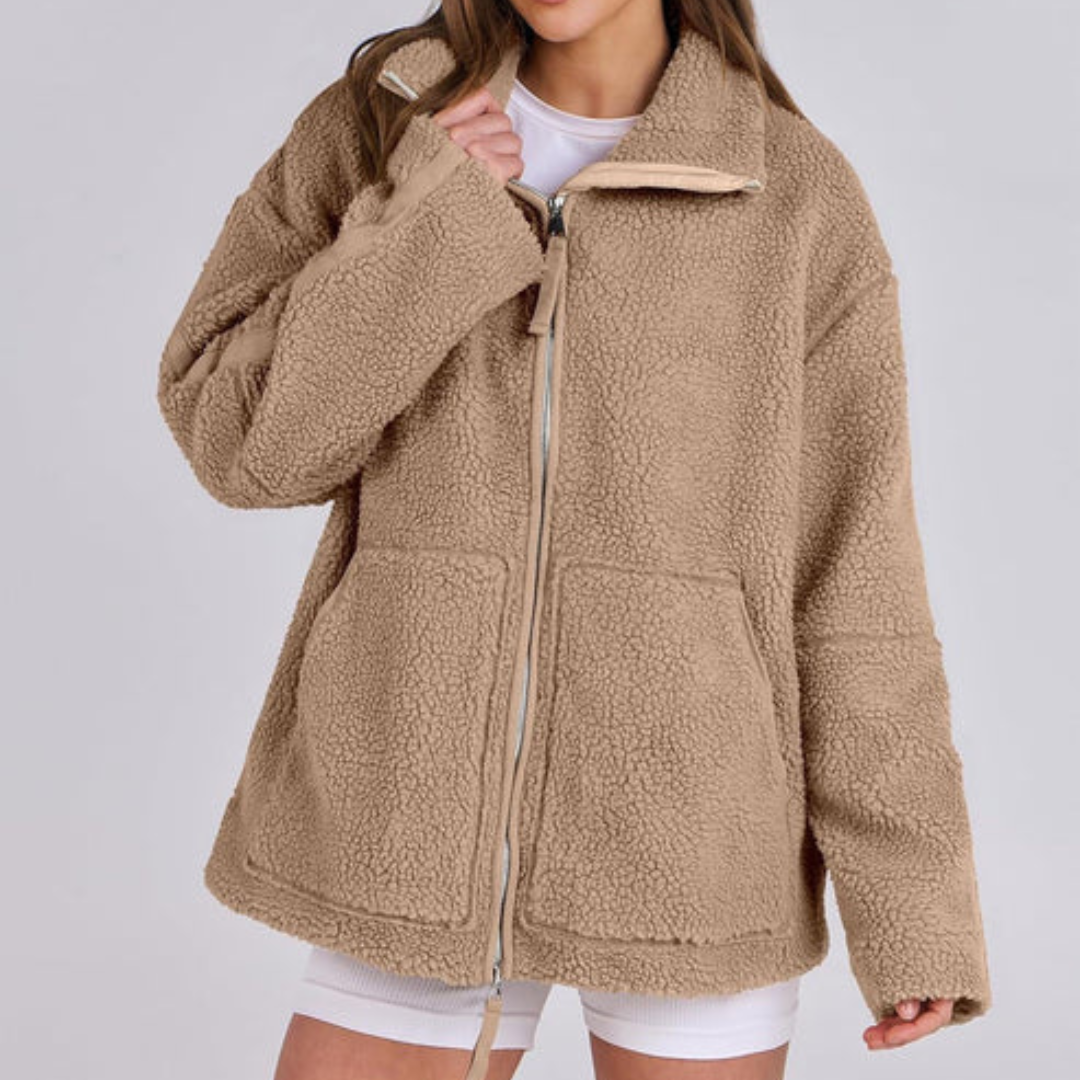 Teddyjacke für den Herbst - Oversized Fleecejacke mit Stehkrage für Damen