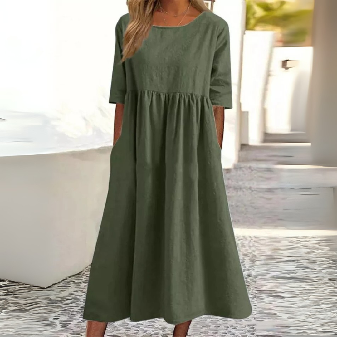 Sommer Kleid Linnenlook - Baumwollkleid mit Rundhalsausschnitt und Taschen