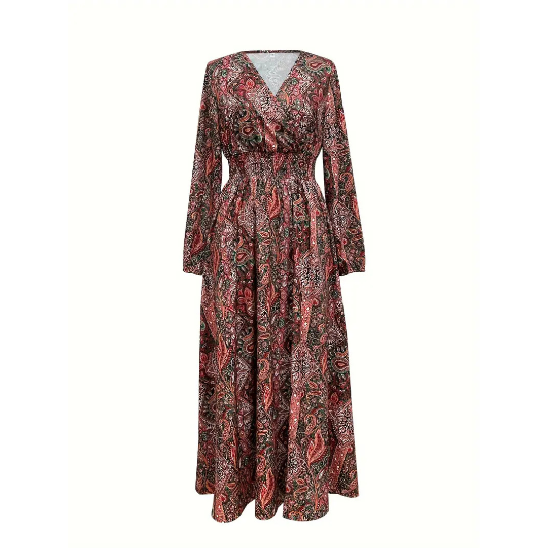Langes Damenkleid mit Paisley-Muster, V-Ausschnitt und langen Ärmeln. Elegantes Design, ideal für Herbstmode und besondere Anlässe.