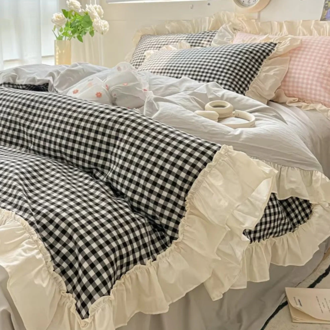 Gingham Rüschen-Bettwäsche-Set | Verspieltes Karo im Landhausstil