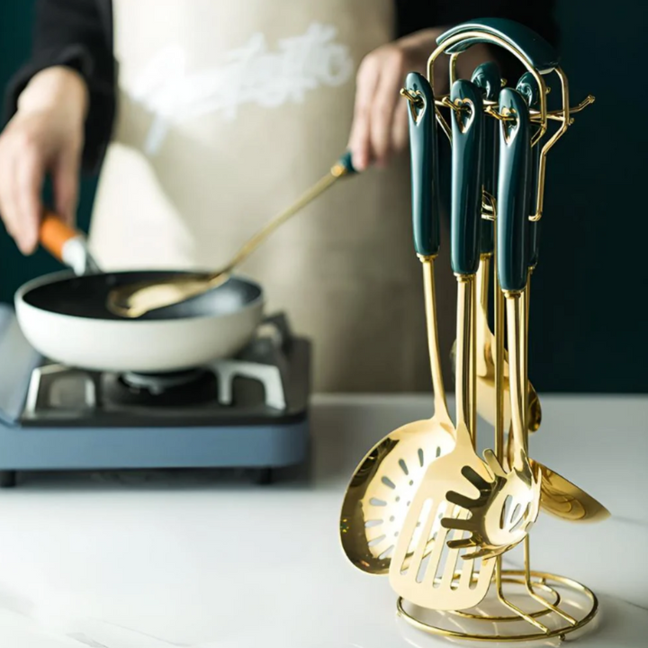 Golden Edelstahl Küchenutensilien-Set | Premium Kochbesteck mit Aufbewahrungsständer