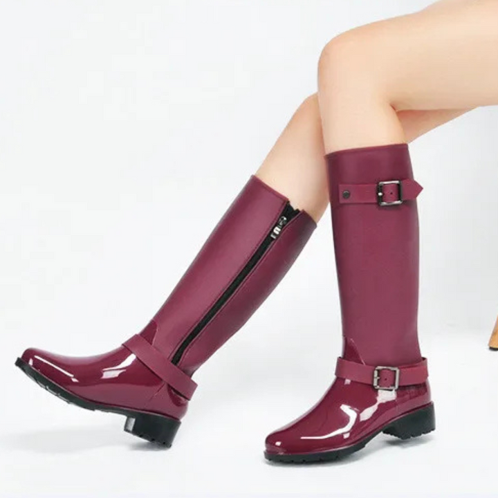 Regenstiefel für den Herbst - Wasserdichte hohe Gummistiefel mit Schnallen und Absatz für Damen