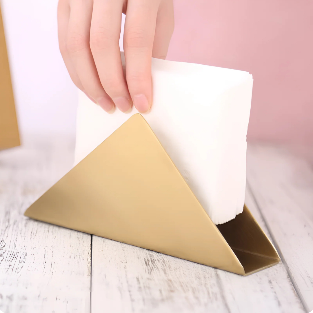 Goldener Serviettenhalter aus Metall | Eleganter Tischorganizer mit dreieckiger Basis für Küche