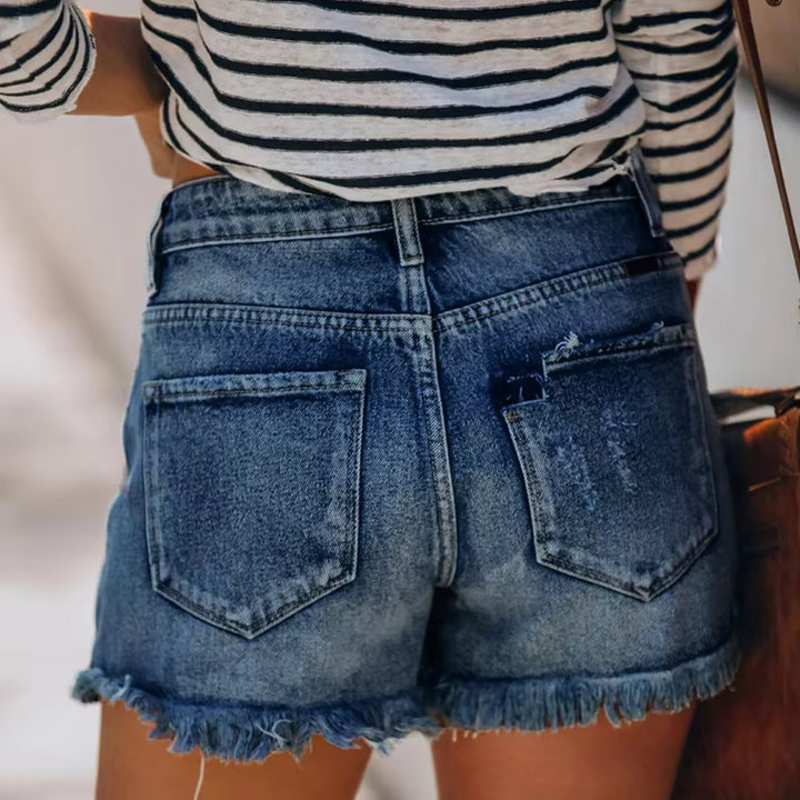 Zoe Jeansshorts | Damen Destroyed Denim Shorts High-Waist Vintage Look Fransen & Risse