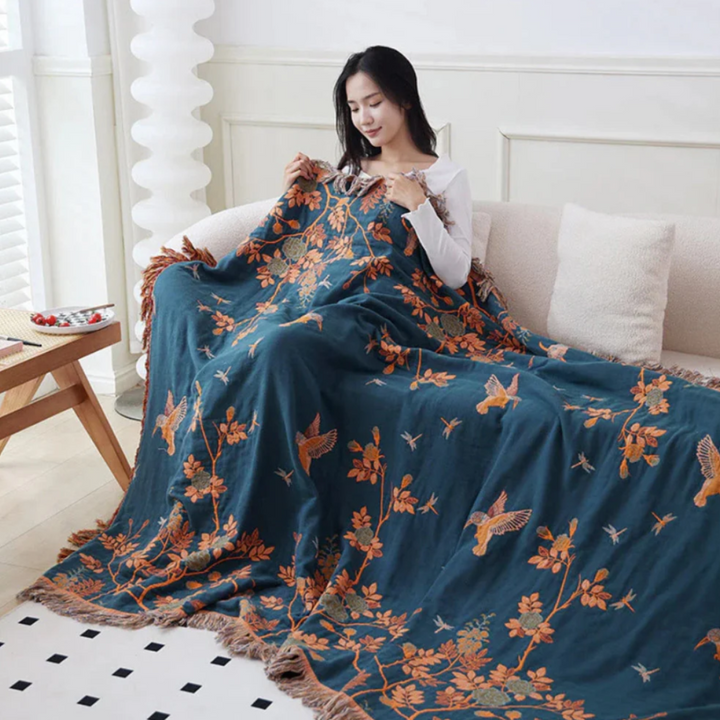 Ornate Mehrschicht-Baumwolldecke | Luxuriöse Wohndecke mit Jacquard-Muster und Quasten