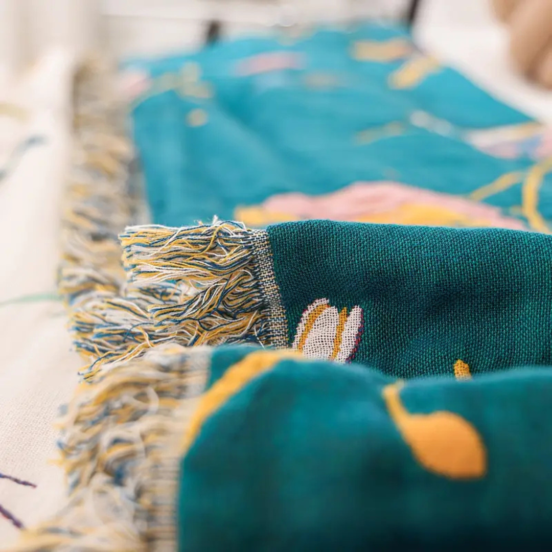 Whimsical Bird Quasten-Baumwolldecke | Boho-Wohndecke mit Vogelmotiv und dekorativen Fransen