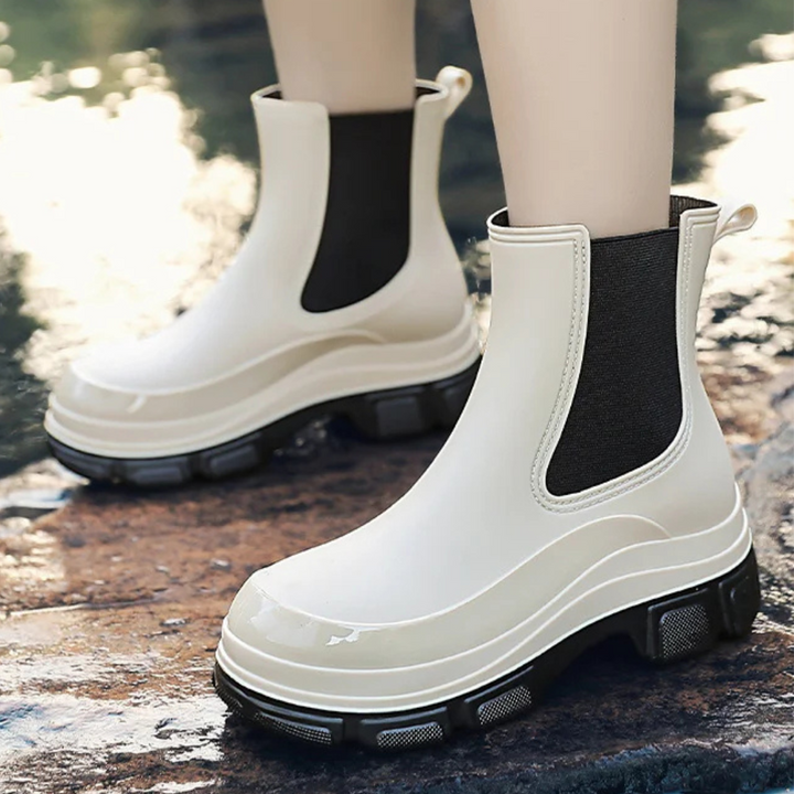 Regenstiefel für den Herbst - Wasserdichte Chelsea Gummistiefel mit Chunky Platform-Sohle für Damen