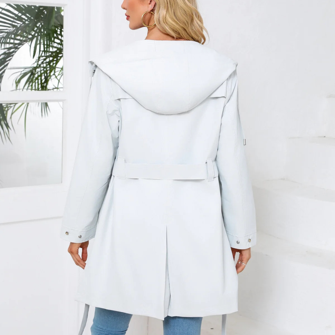 Regenjacke für den Herbst - Wasserfeste Lange Übergangsjacke mit Gürtel und Kapuze für Damen