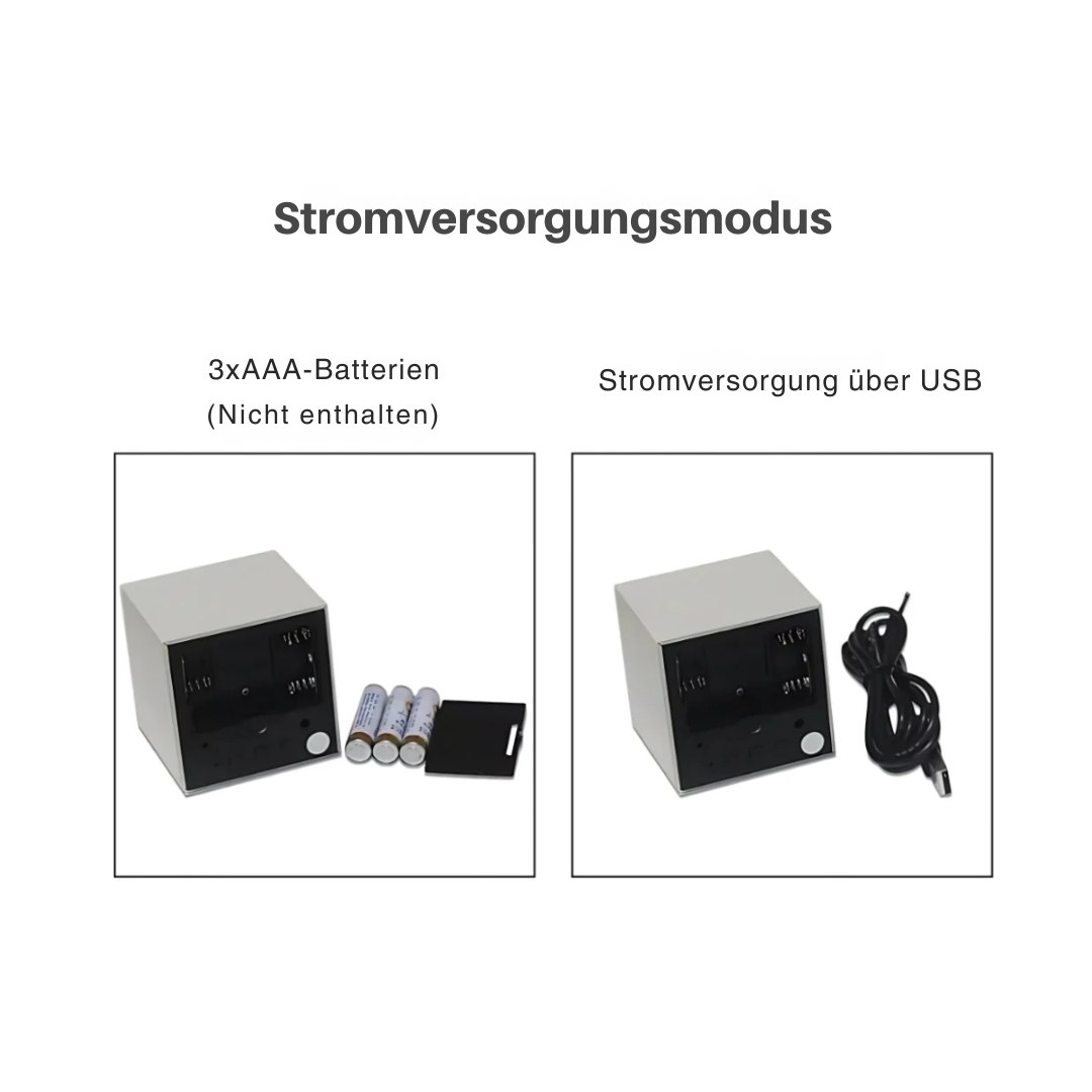 Cube LED-Wecker | Moderner Holzmaserung-Designwecker mit Temperaturanzeige