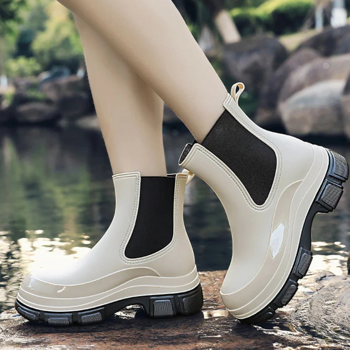 Regenstiefel für den Herbst - Wasserdichte Chelsea Gummistiefel mit Chunky Platform-Sohle für Damen