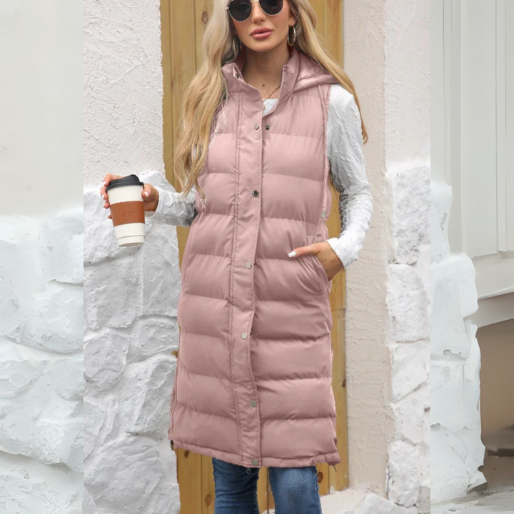 Lange Steppweste für kalte Tage - Warme Daunenweste mit Kapuze für Damen