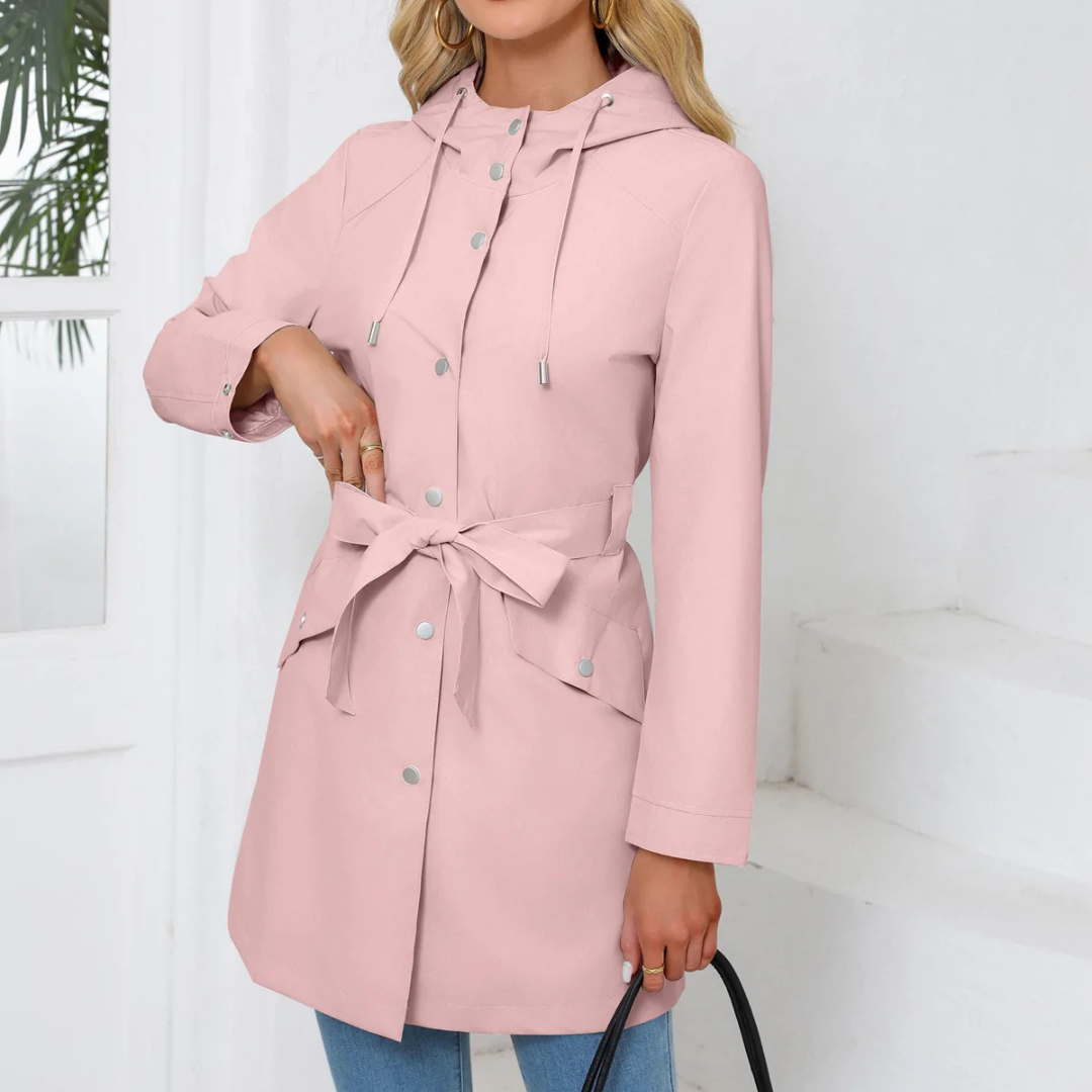 Regenjacke für den Herbst - Wasserfeste Lange Übergangsjacke mit Gürtel und Kapuze für Damen