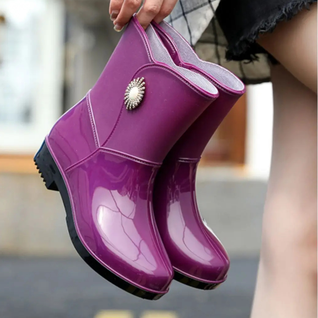Regenstiefel für den Herbst - Wasserdichte Gummistiefel mit Blumen-Dekor und Profilsohle für Damen