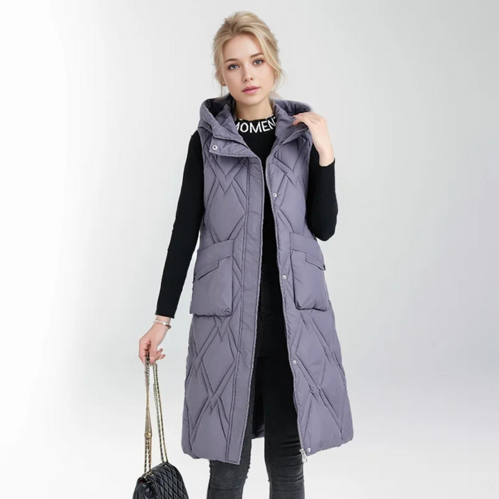 Lange Steppweste für kalte Tage - Puffer Daunenweste mit Kapuze für Damen