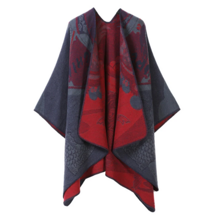 Runenstein Reversible Poncho aus weichem Kaschmirimitat mit Fischmotiven