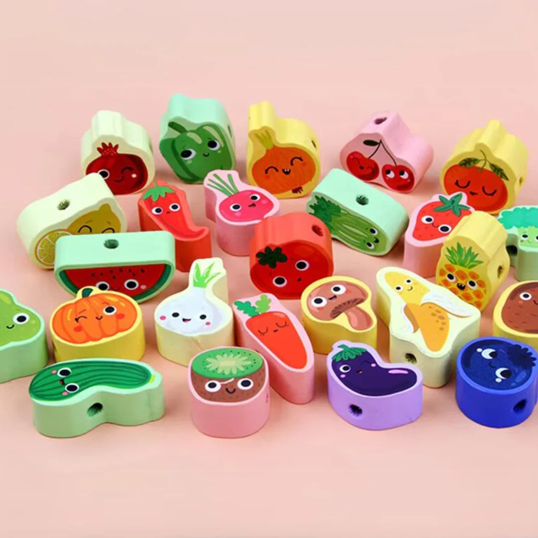 Frucht Fädelspiel | Montessori Spielzeug mit Obst, Tieren und Gemüse