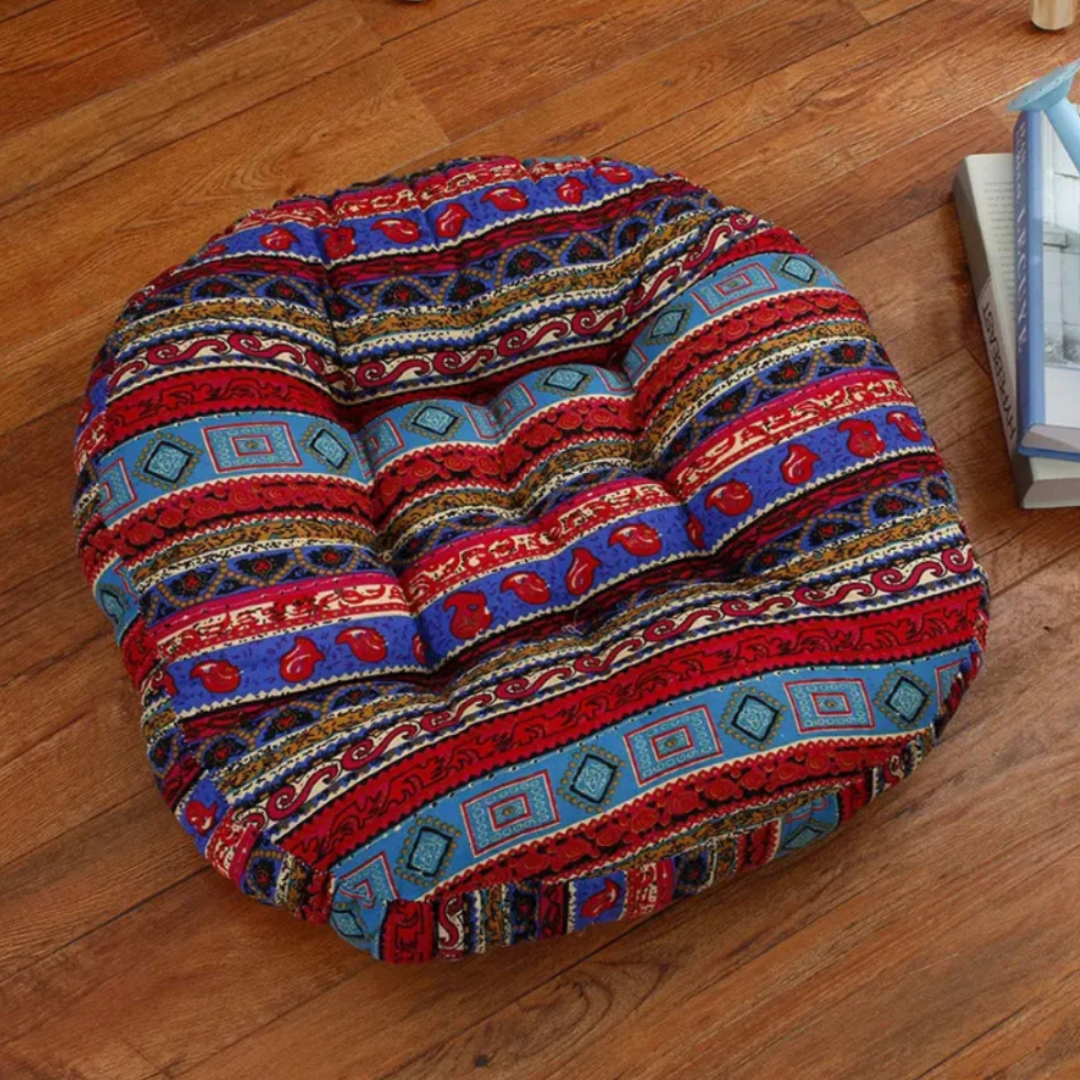 Boho Bodenkissen Rund | Vielseitiges Meditationskissen mit Blumenmuster für Zuhause