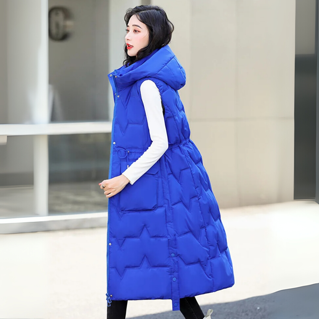 Lange Steppweste für kalte Tage - Stilvolle Daunenweste mit Kapuze für Damen