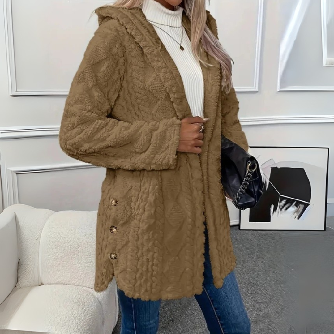 Teddyjacke für den kalte Tage - Stilvolle Lange Fleecejacke mit Kapuze für Damen