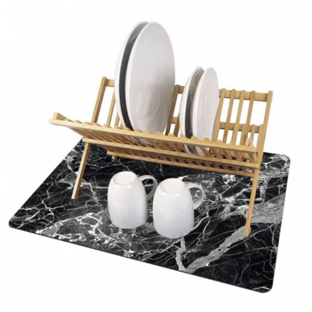 Premium Marmordruck Geschirrtrockenmatte | Spritzwasserfeste Küchenmatte mit Antirutschbasis