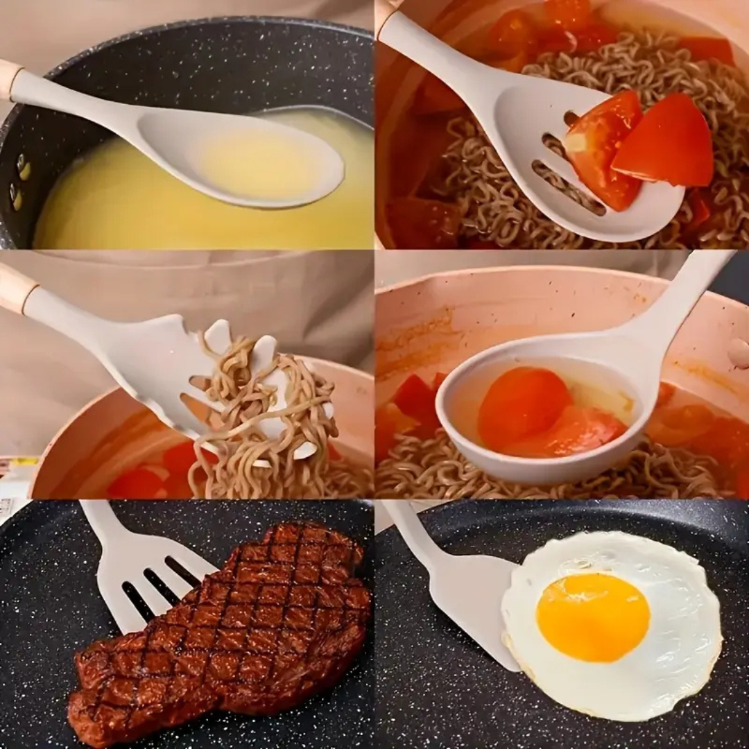 Silikon Küchenutensilien Set | Hitzebeständiges 12-teiliges Kochgeschirr mit Bambusgriffen