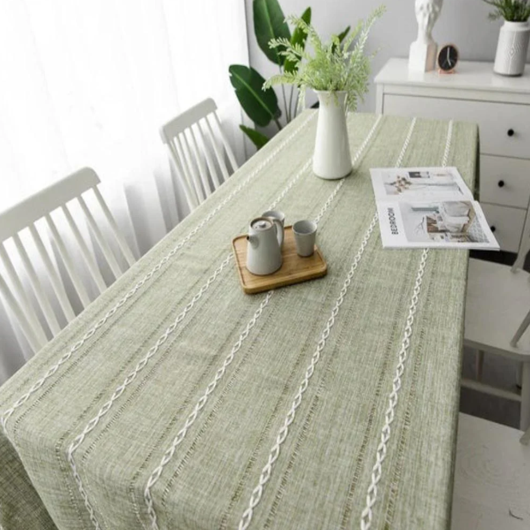 Elegante Baumwoll-Leinen-Tischdecke | Rustikale Tischdecke mit Stickerei und Quastensaum