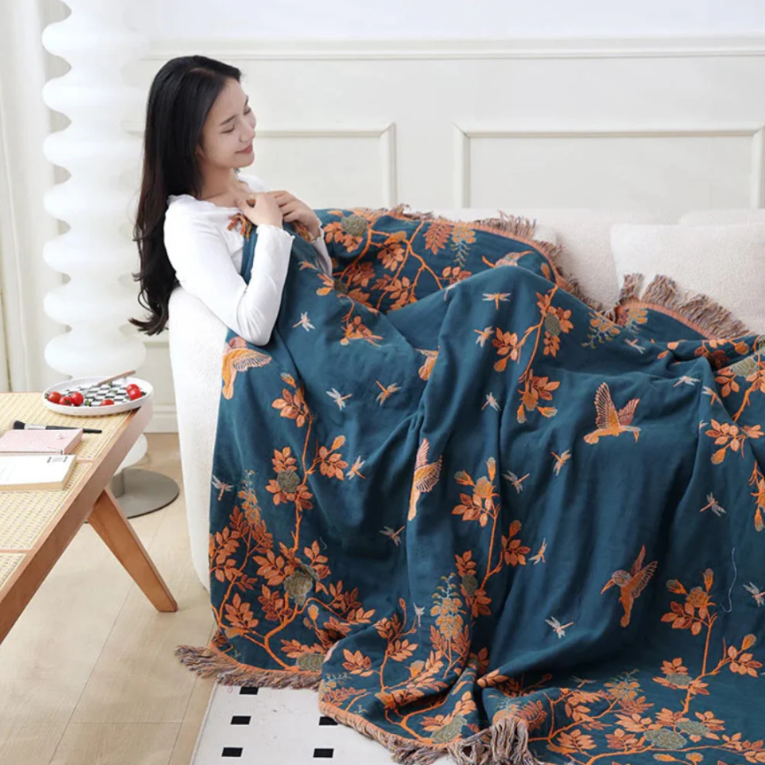 Ornate Mehrschicht-Baumwolldecke | Luxuriöse Wohndecke mit Jacquard-Muster und Quasten