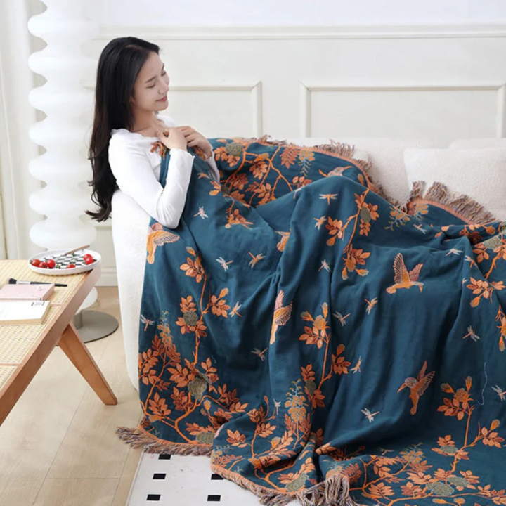 Ornate Mehrschicht-Baumwolldecke | Luxuriöse Wohndecke mit Jacquard-Muster und Quasten